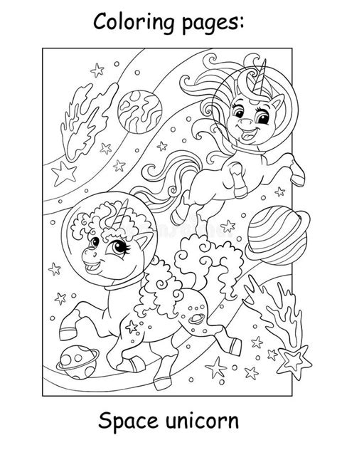 cute unicorns  space coloring book page stock vector illustration
