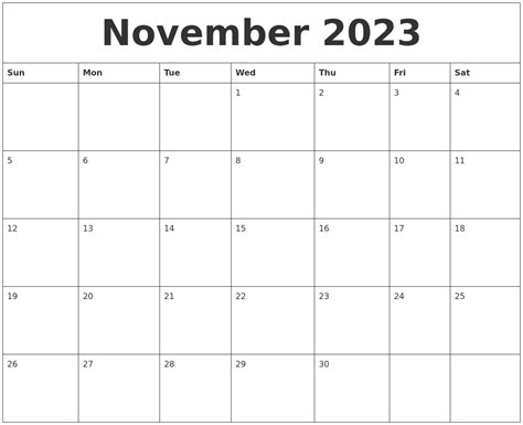 november  print blank calendar