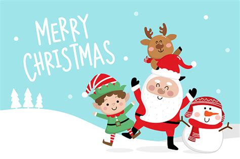 merry christmas greeting card with santa claus deer snowman and little