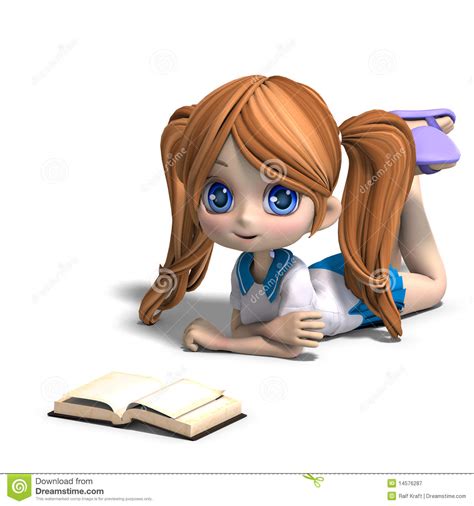 cute little cartoon school girl reads a book 3d royalty