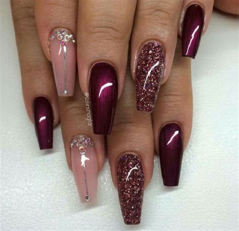 Matte Burgundy Coffin Nails With Designs Nail Arts At Home