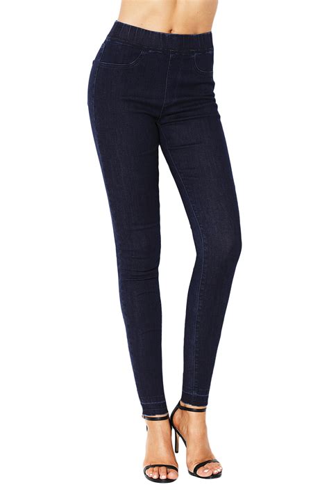 dropship navy blue elastic waist jeans stretch pants  women