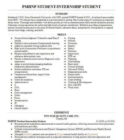 pmhnp student resume