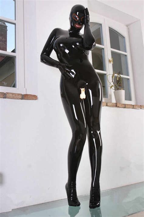 sexy full body black women s latex catsuit rubber hood open mouth with
