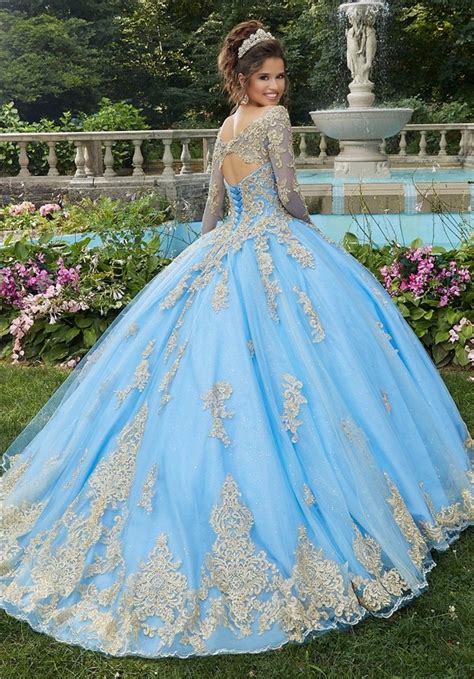 Ball Gown Prom Dress Long Sleeve Light Blue Tulle Gold