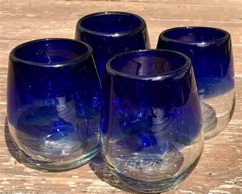 Cobalt Blue Stemless Wine Glasses Artisan Hand Blown Recycled Etsy