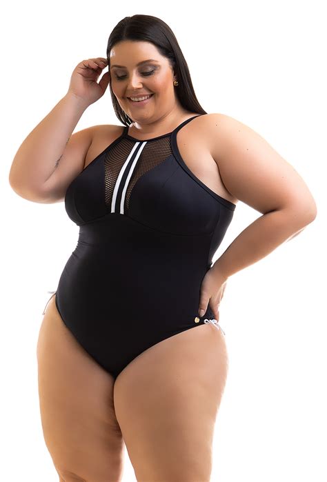 plus size black high neck swimsuit with openwork and a white strap