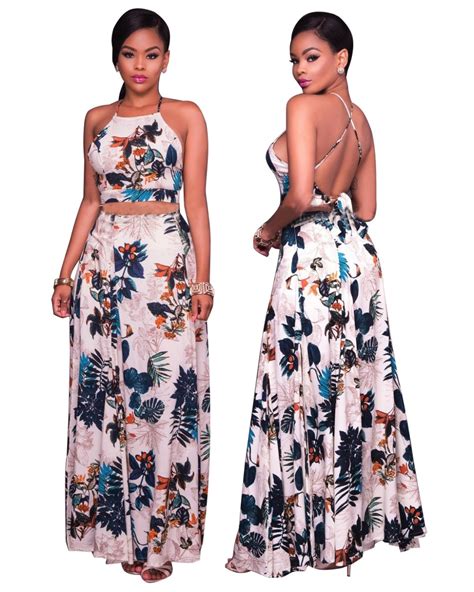 women floral print maxi skirt suit summer cross back crop top and high