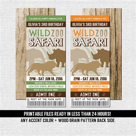zoo ticket invitations birthday safari party  accent color