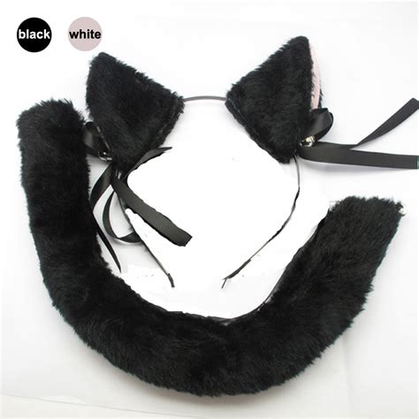 cat fox ears  tail costume black white cat ears headband head band
