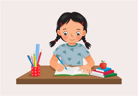 cute  girl sitting   desk studying writing  notebook