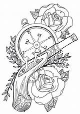 Tattoos Trendy Coloring Roses Pages Pistol Cool Books Rose Tattoo Gun Music Compass Flash sketch template