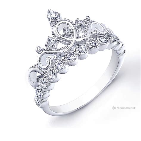 rhodium plated  sterling silver princess crown ring silver crown