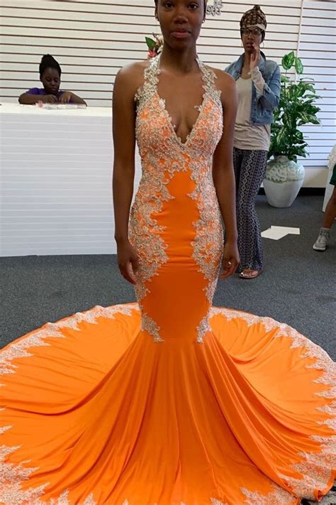 elegant mermaid halter orange long prom dress  appliques orange prom dresses girls black