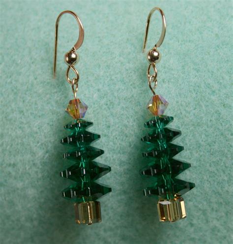 red panda beads christmas tree earrings  swarovski crystals
