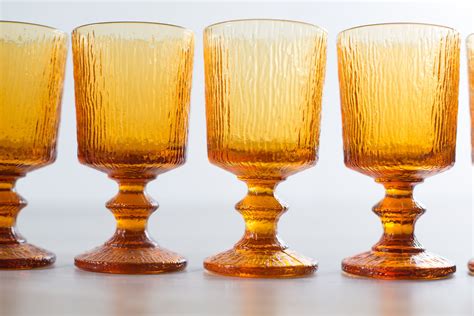 vintage amber goblets set   amber colored textured wine glasses orange cocktail barware