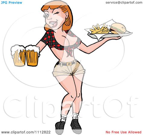 clipart sexy caucasian breastaurant waitress winking and holding beer