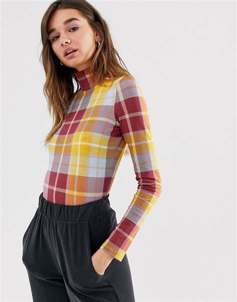 monki roll neck jersey top  brown check asos jersey top roll neck fashion