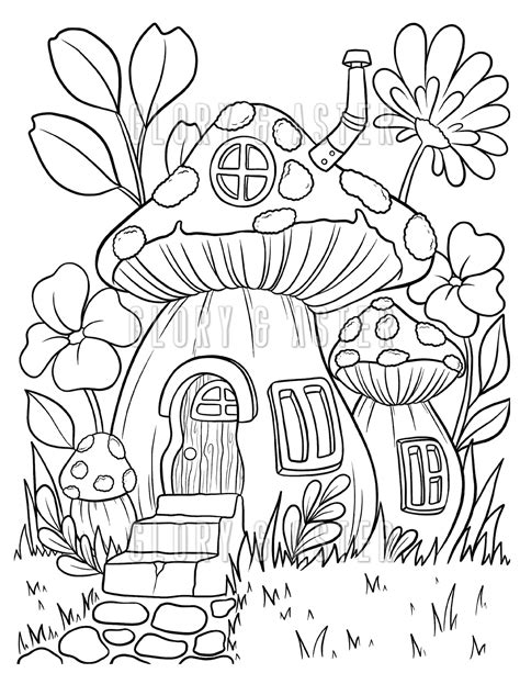 mushroom fairy house coloring page printable adult coloring etsy