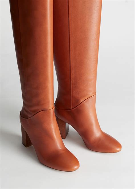 chrome  tanned leather knee high boots thigh high boots heels knee high boots brown knee
