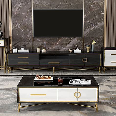 modern black tv stand tempered glass top  drawer  door media console