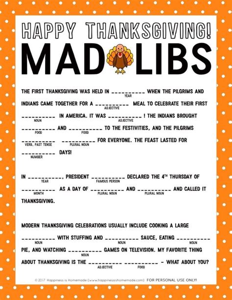 thanksgiving mad libs printable game happiness  homemade