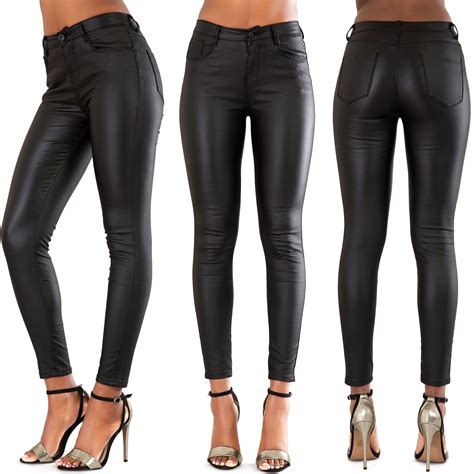 womens black wet look leather jeans skinny trouser