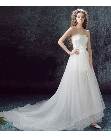 2017 Flowy Tulle High Low Wedding Dresses With Train Unique Sweetheart
