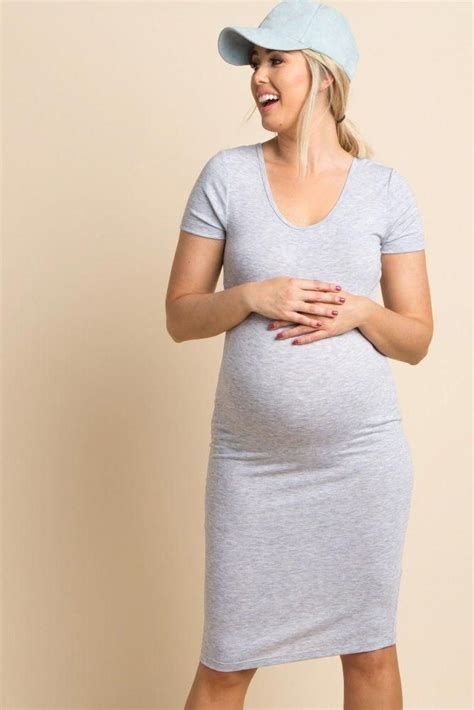 charcoal grey solid short sleeve fitted maternity dress fitted