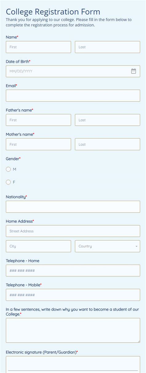 college registration form template formbuilder