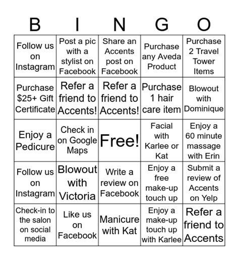 accents salon spa winter bingo challenge bingo card