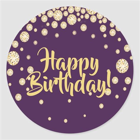 happy birthday purple gold diamonds classic  sticker zazzle