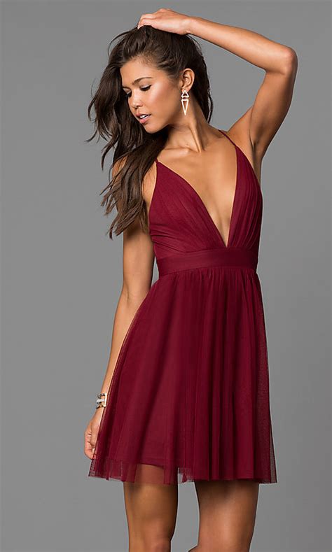 Deep V Neck Short Party Dress In Wine Red Promgirl