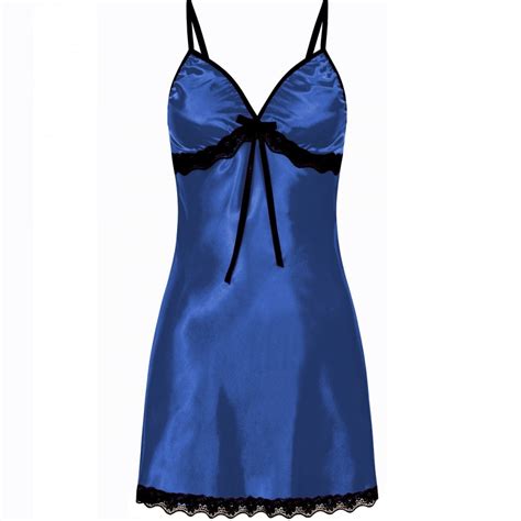 0512 sexy satin chemise with black lace trim blue s 5xl