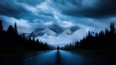 wallpaper  walking  road mountains silhouette dark full hd hdtv