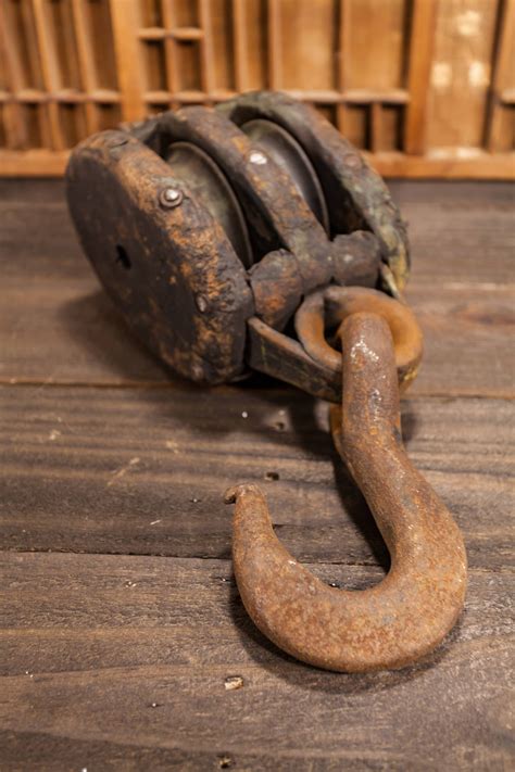 vintage large double wooden pulley rustic primitive barn pulley iron hook block pulley nautical