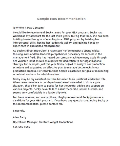 mba recommendation letter sample  professor  template