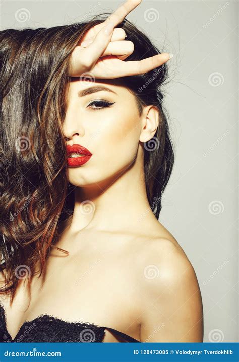 woman with red lips long brunette hair stock image image of sexi