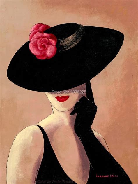 schilderijen reproducties zwarte hoed met roze bloemen moderne mooie vrouwen portret schilderen