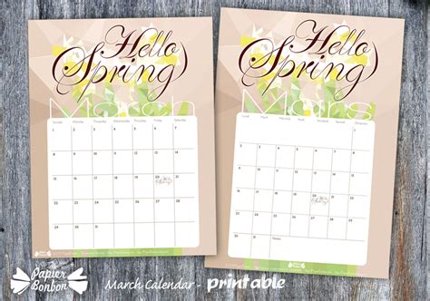 march  calendar printable  spring papier bonbon