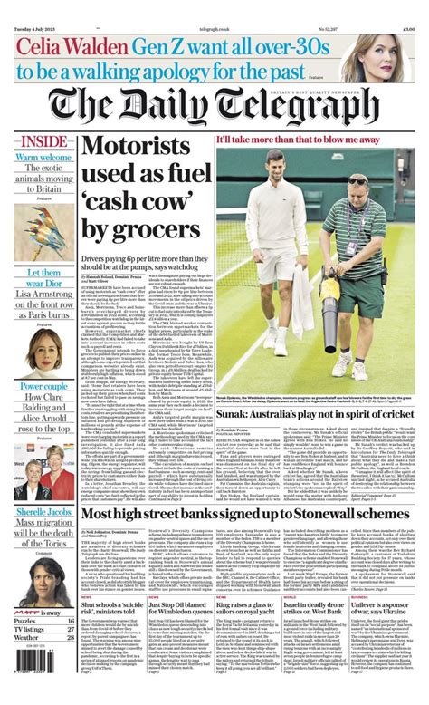 Daily Telegraph Front Page 4th Of July 2023 Tomorrow S Papers Today