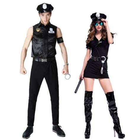 Sexy Couples Black Cop Costumes Halloween For Women Men