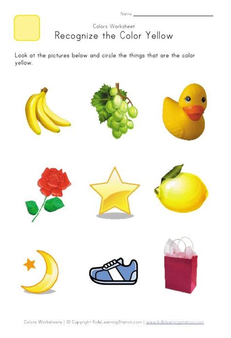 recognize  color yellow shape worksheets  preschool nursery