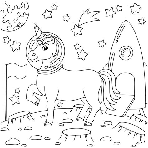 astronaut unicorn landed   planet coloring book page  kids