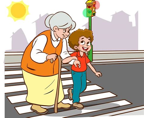 child helping  womanold woman  child walking  crosswalk