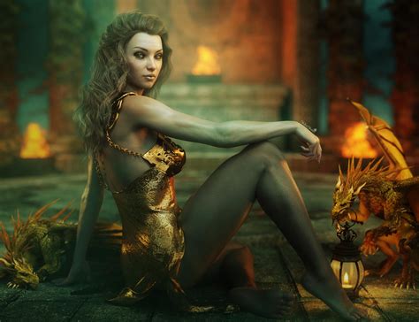 pin up girl in golden dress with dragons fantasy art