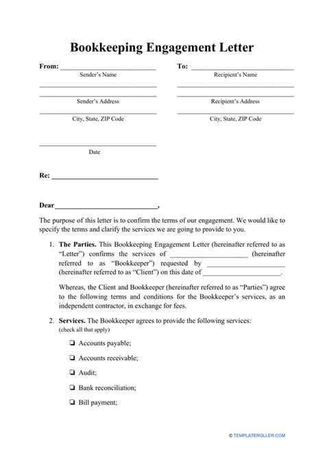 bookkeeping engagement letter template  printable