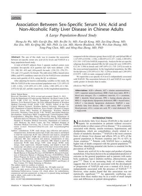 Pdf Association Between Sex Specific Serum Uric Acid And