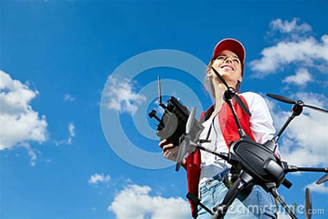 woman  standing  holding drone stock image image  copter outdoor