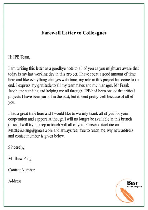 farewell letter template format sample